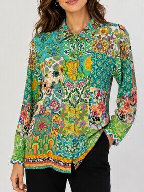 SHANA Vibrant Green Patchwork Floral Button-Up Viscose Silk Blouse